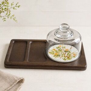 Vintage Goodwood Cheese Board Glass Dome Floral Cloche Tile Wood Cracker Tray